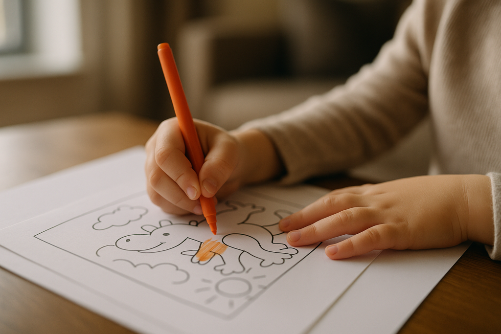 Ausmalbilder: So findest du Malvorlagen, die Kinder lieben 1 Kinderhände malen mit Filzstift ein gedrucktes Motiv aus