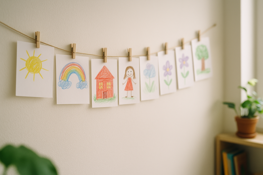 Ausmalbilder: So findest du Malvorlagen, die Kinder lieben 2 Bunte Kinderbilder hängen mit Klammern an einer Leine an der Wand