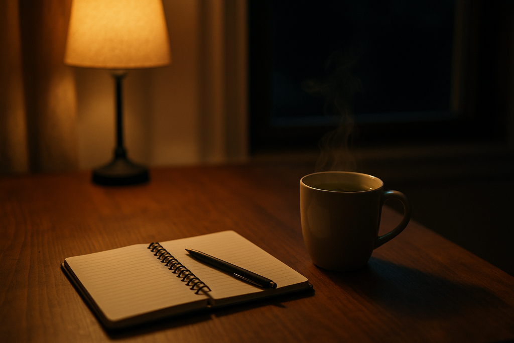 Notizblock und Tasse Kräutertee auf einem Küchentisch bei warmem Abendlicht