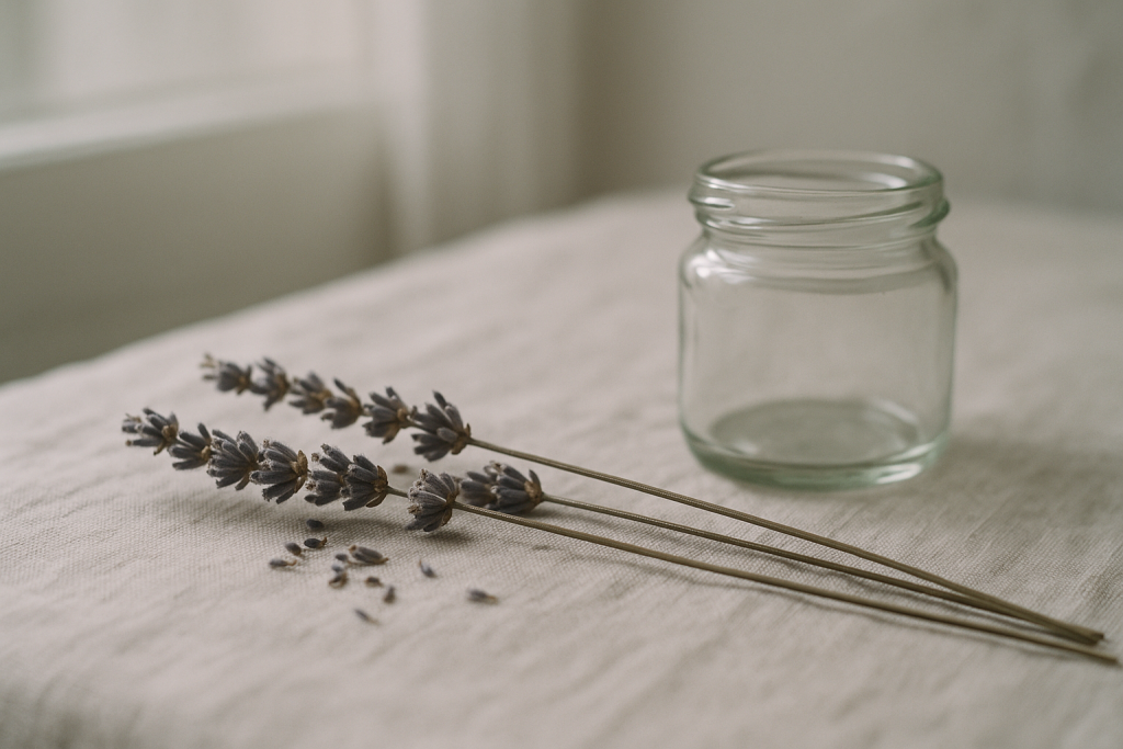 Getrockneter Lavendel und ein kleines Glas auf hellem Leinenstoff