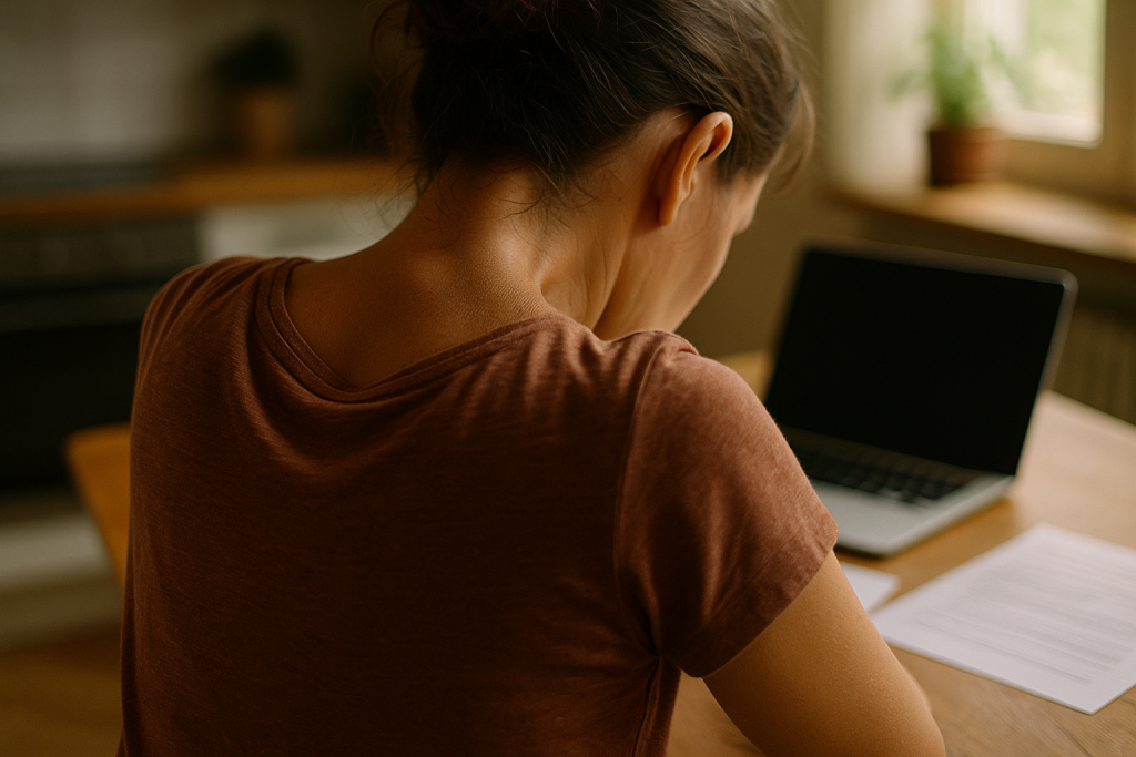 Hochgezogene Schultern einer Frau am Küchentisch mit Laptop und Unterlagen