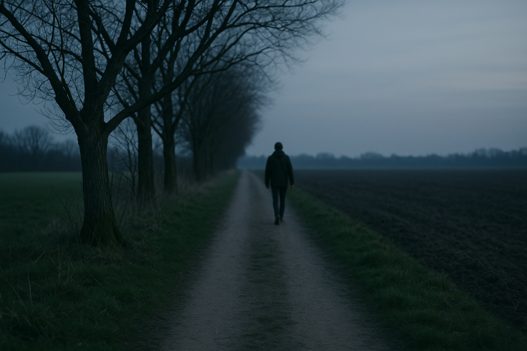 Schmaler Feldweg in der Dämmerung mit einer gehenden Person in der Ferne