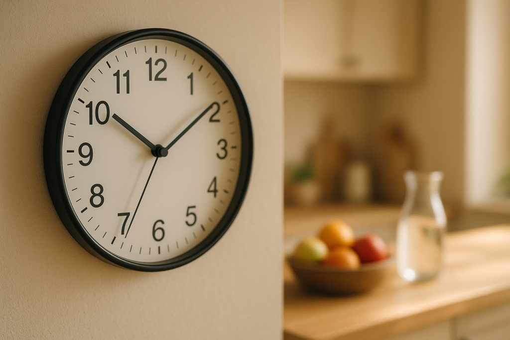Wanduhr in einer Küche, im Hintergrund Obst und eine Wasserkaraffe