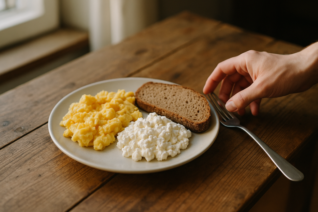 Teller mit Rührei, Hüttenkäse und Vollkornbrot auf einem Holztisch