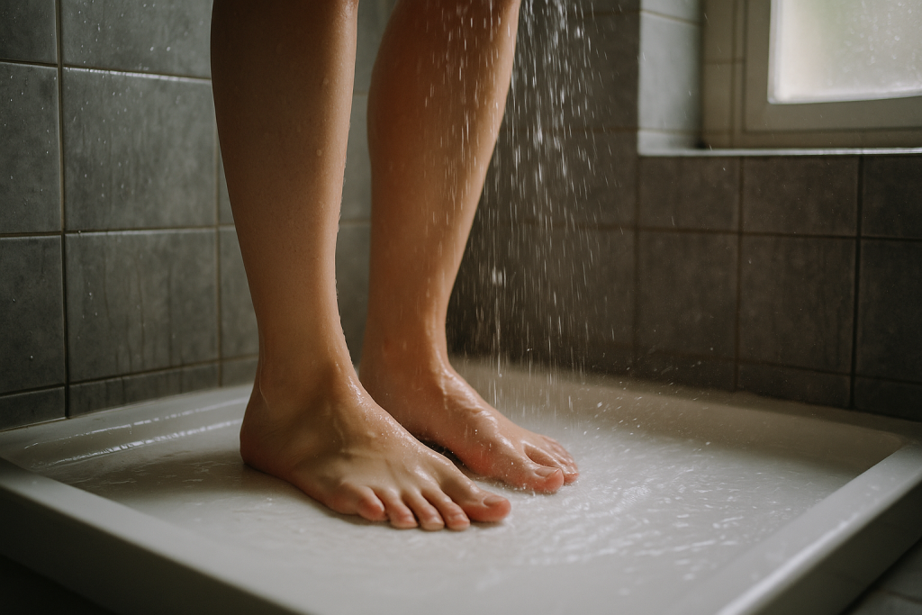 Wasser läuft über Unterschenkel und Füße in einer Duschwanne