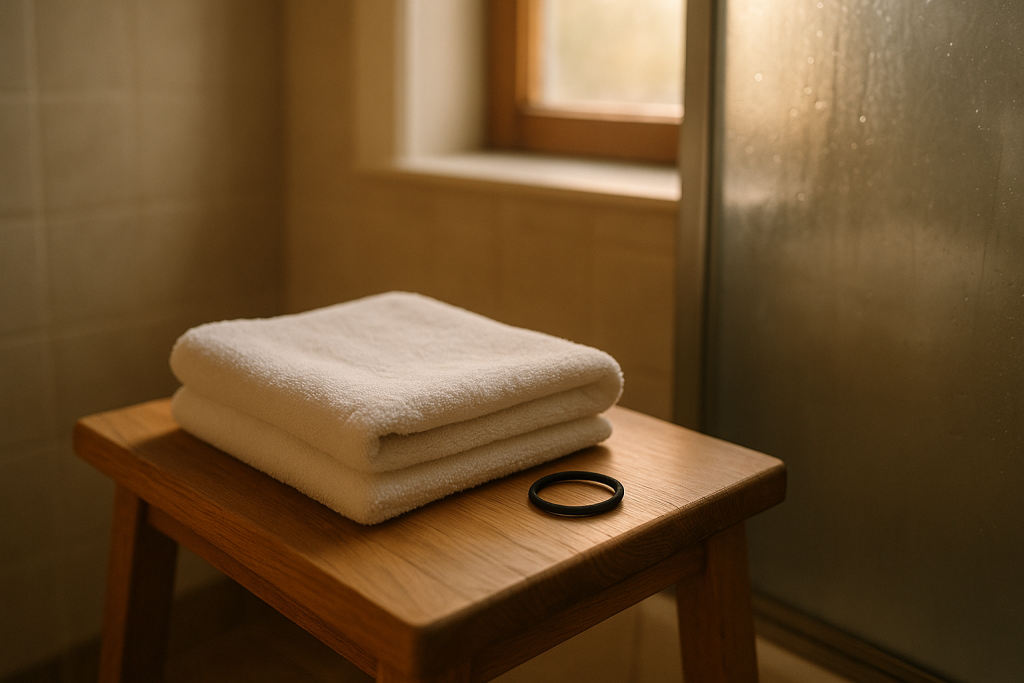Handtuch und Haargummi liegen bereit auf einem Hocker im Badezimmer