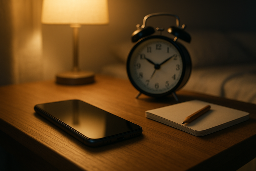 Handy liegt umgedreht neben analogem Wecker und Notizbuch auf dem Nachttisch