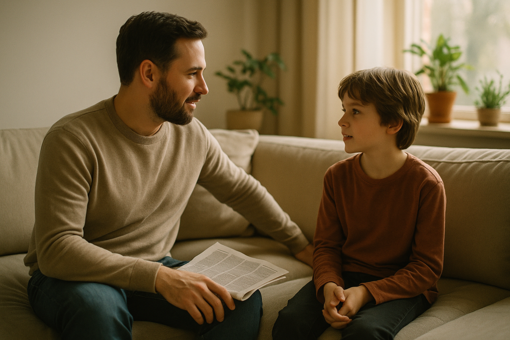 Elternteil und Kind sitzen auf dem Sofa und sprechen über eine Zeitung