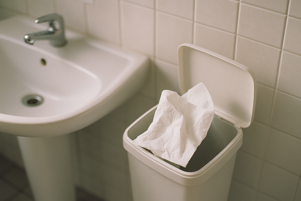 Küchenpapier in einem Badezimmereimer neben einem Waschbecken