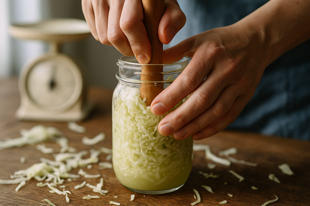 Sauerkraut im Glas: Fermentieren für Einsteigerinnen 1 Hände drücken geschnittenen Kohl mit einem Holzstößel im Glas fest
