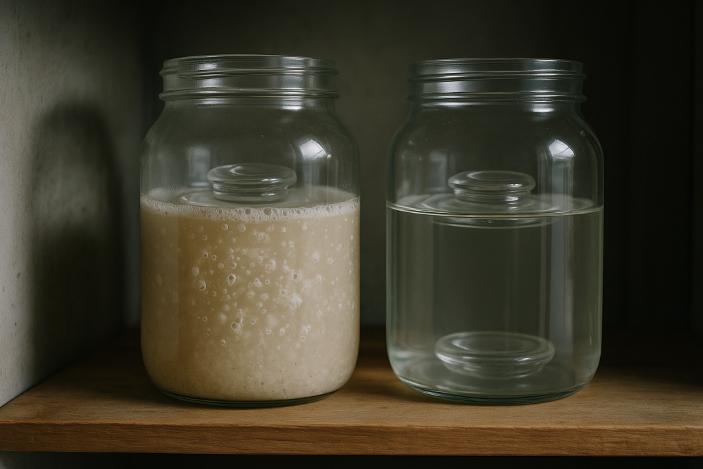 Sauerkraut im Glas: Fermentieren für Einsteigerinnen 2 Zwei Gärgläser mit Kohl und Glasgewichten stehen in einer kühlen Vorratskammer
