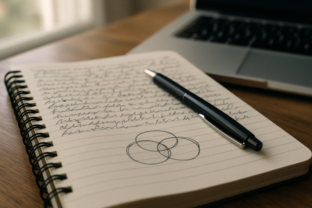 Notizbuch mit handgezeichneter Skizze von drei Gruppen und Stift auf dem Tisch