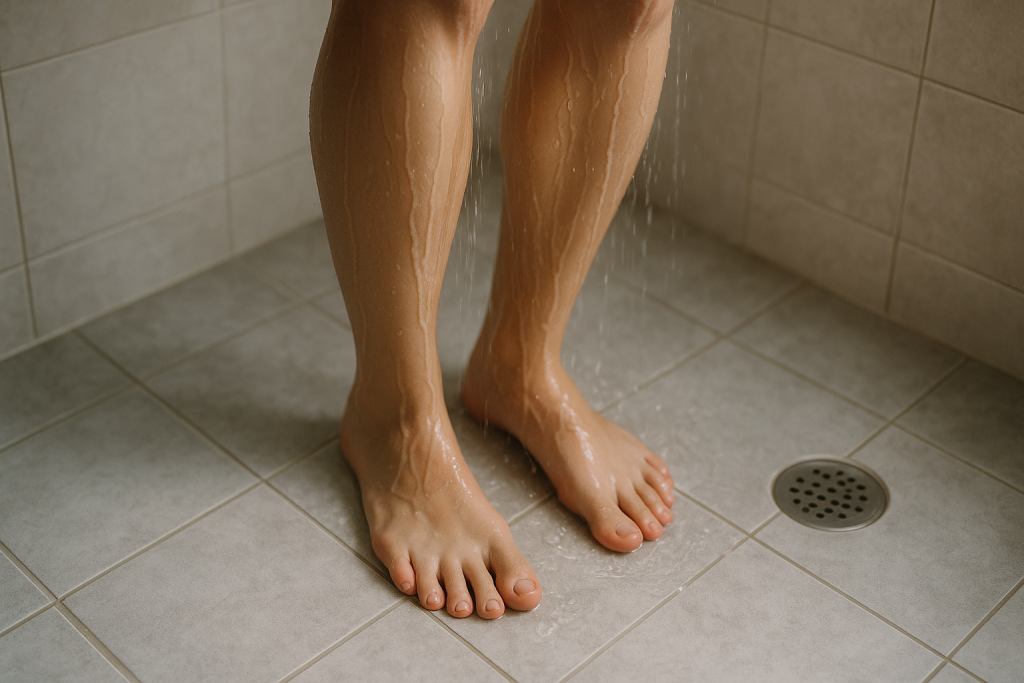 Wasserstrahl läuft über Unterschenkel und Füße in der Dusche