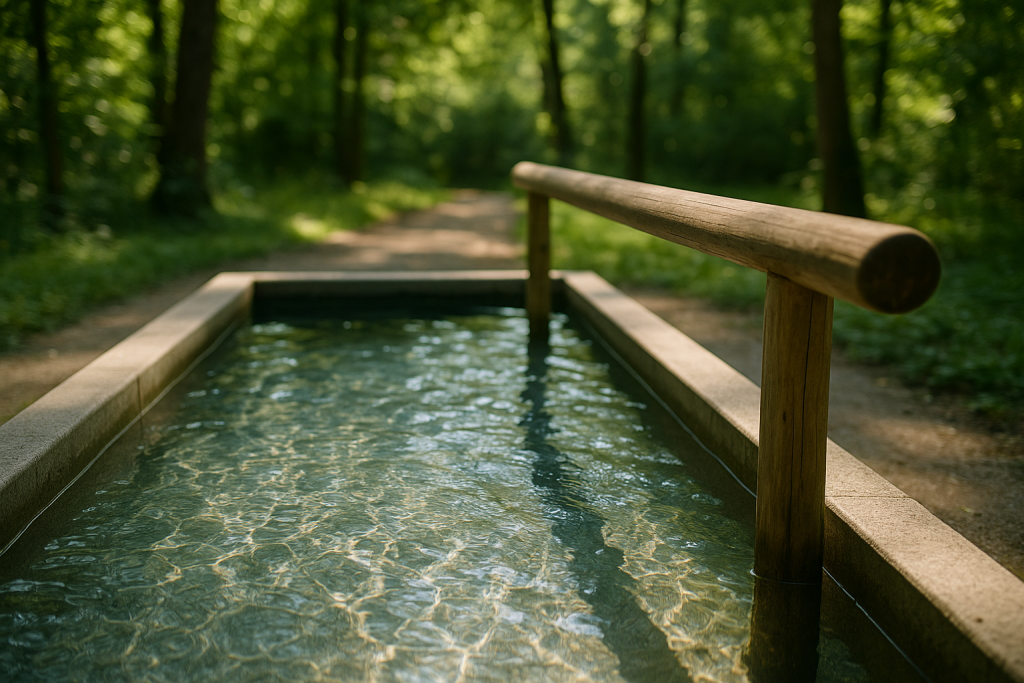 Flaches Kneippbecken mit klarem Wasser und Holzgeländer im Grünen