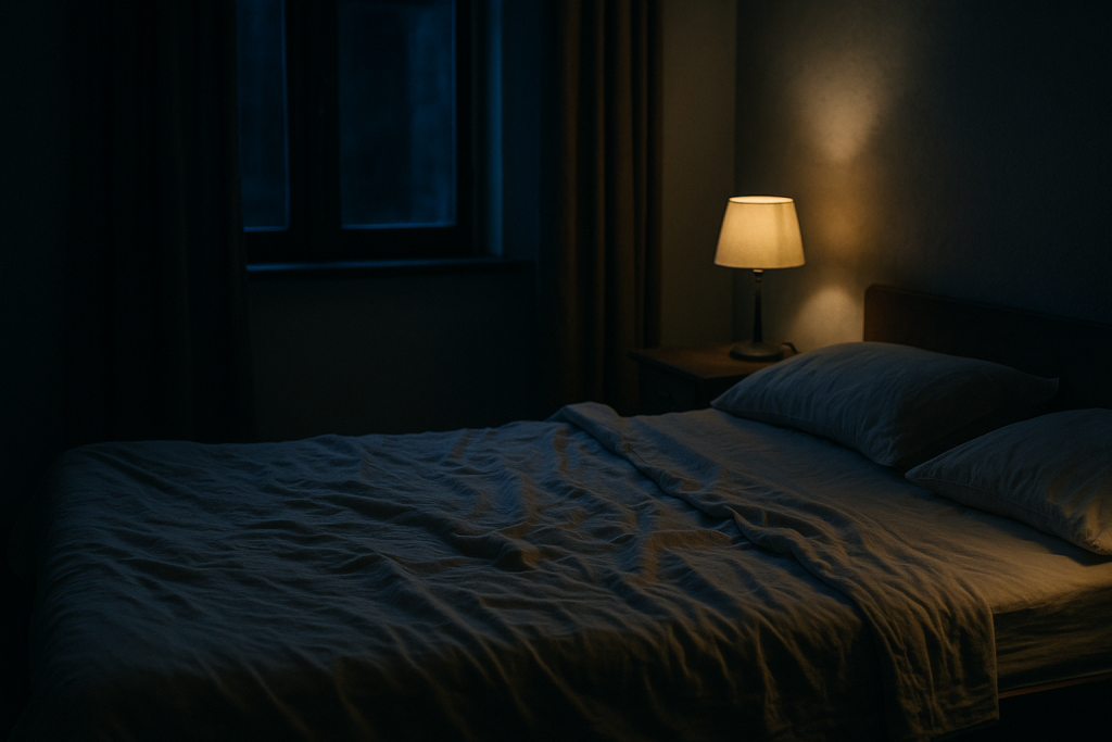 Zerwühltes Bett mit Leinenbettwäsche in einem dunklen Schlafzimmer bei Nacht
