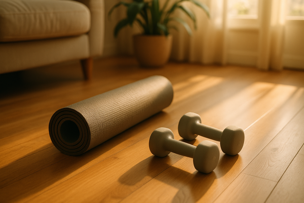 Zwei leichte Hanteln und eine Gymnastikmatte auf Holzboden im Wohnzimmer
