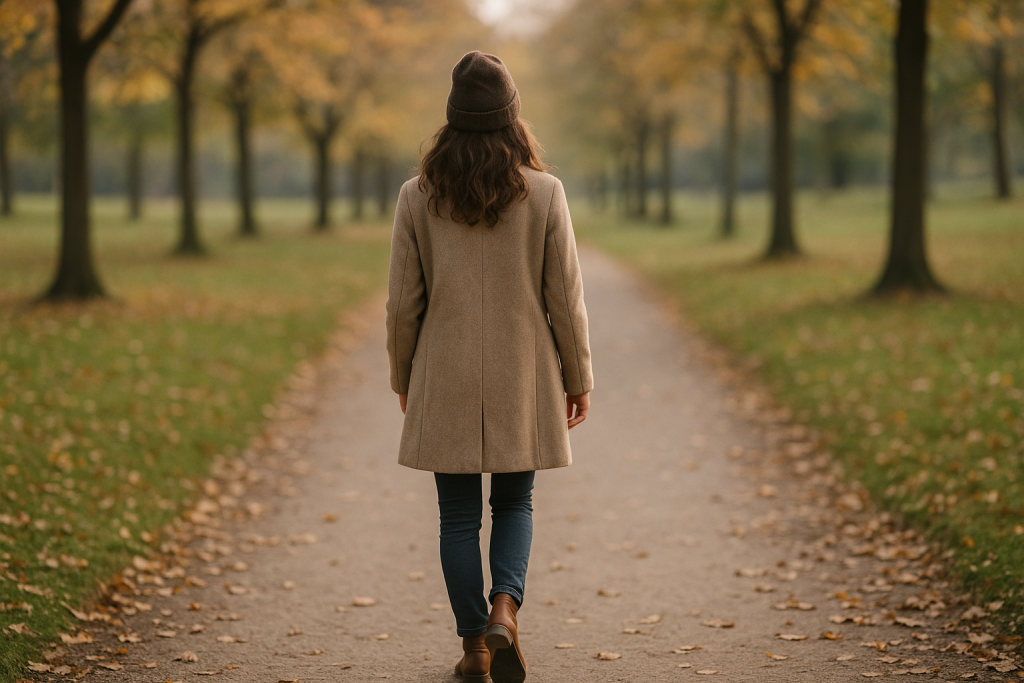 Frau von hinten beim Spaziergang auf einem Weg im Park