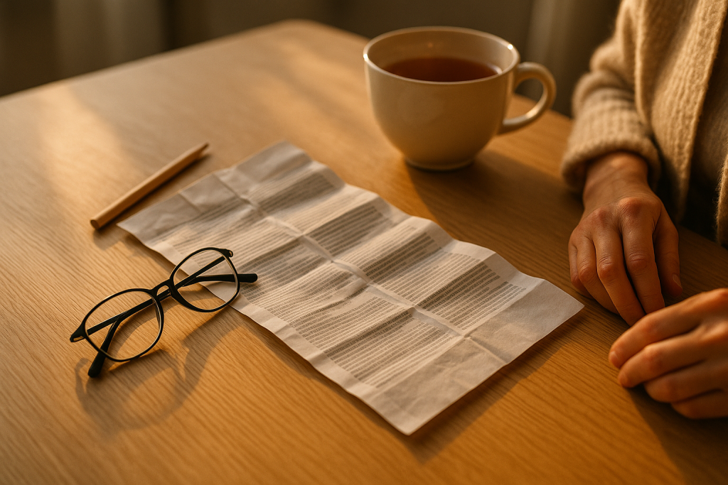 Aufgefalteter Beipackzettel mit Stift und Teetasse auf einem Küchentisch