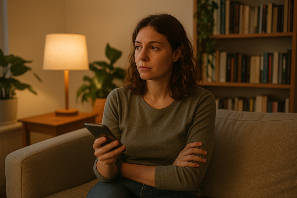 Nachdenkliche Frau mit Smartphone auf dem Sofa in warmem Abendlicht