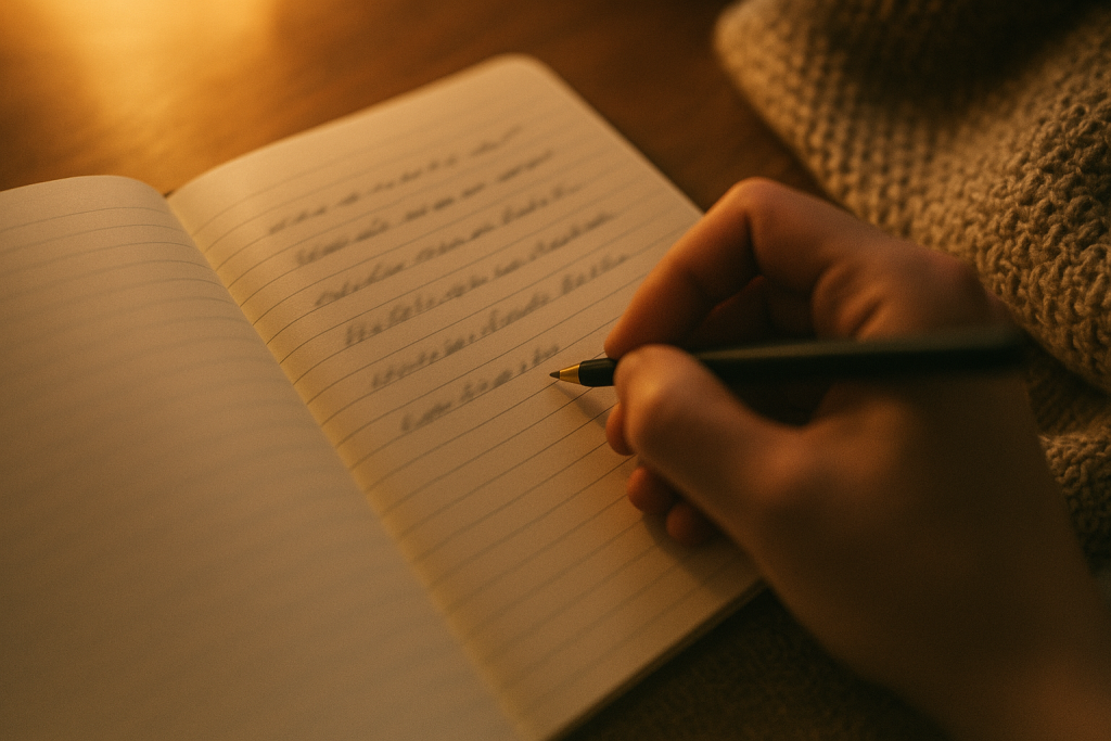 Journaling anfangen, wenn dir nichts einfällt 1 Hand schreibt abends bei Lampenlicht kurze Zeilen in ein liniertes Heft