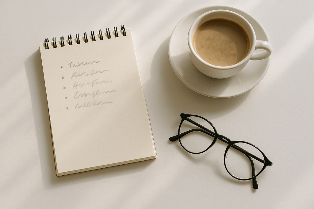 Journaling anfangen, wenn dir nichts einfällt 2 Notizblock mit kurzer Stichpunktliste neben Tasse und Brille auf hellem Tisch
