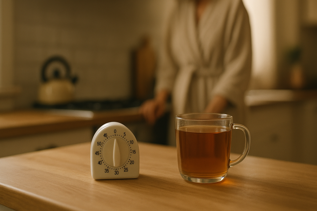 Meditation für Anfängerinnen: Die ersten zwei Wochen 1 Timer und Teetasse auf einer Küchenablage im Morgenlicht