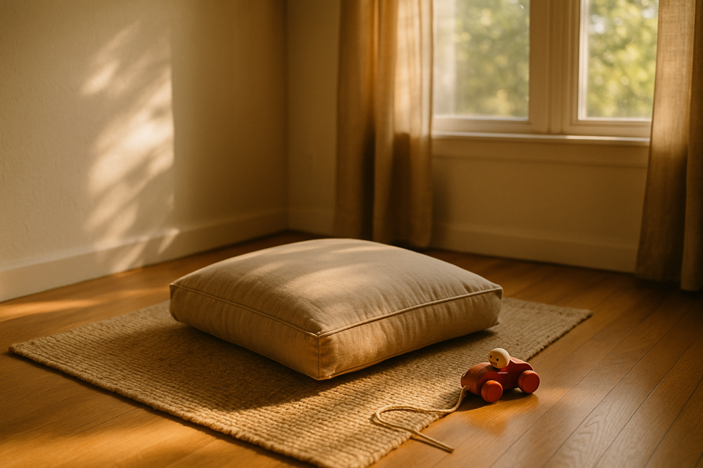 Meditation für Anfängerinnen: Die ersten zwei Wochen 2 Sitzkissen auf einem Teppich, daneben liegt ein Kinderspielzeug