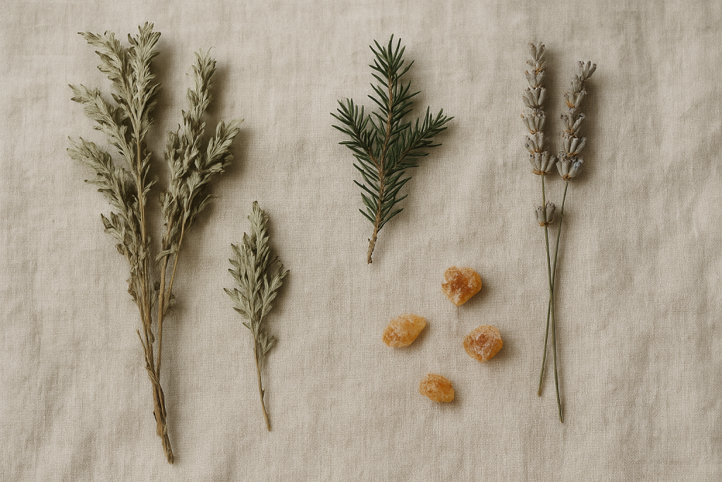 Räuchern zu Hause: Salbei, Palo Santo und Alternativen 1 Beifuß, Wacholderzweige, Lavendel und Harzstücke liegen auf einem Leinentuch