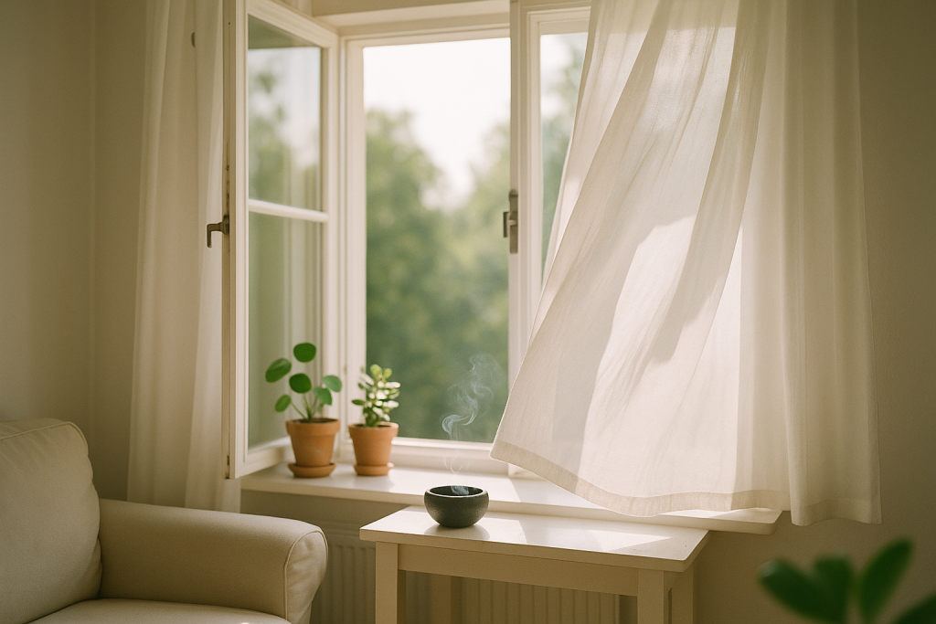Räuchern zu Hause: Salbei, Palo Santo und Alternativen 2 Weit geöffnetes Fenster in einem hellen Wohnraum mit einer Räucherschale auf der Fensterbank